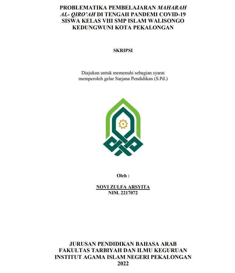 Problematika Pembelajaran Maharah Al-Qiro'ah di Tengah Pandemi Covid-19 Siswa Kelas VIII SMP Islam Walisongo Kedungwuni Kota Pekalongan