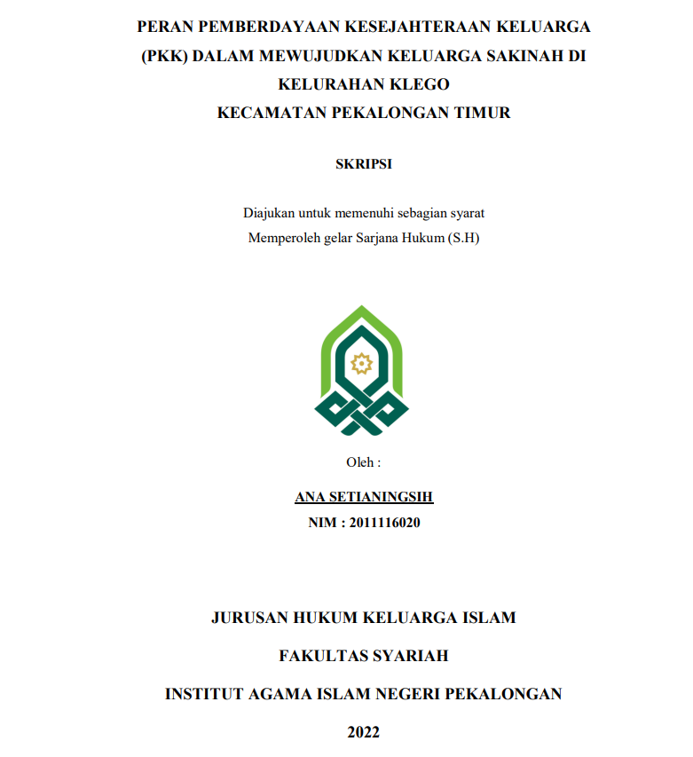 Peran Pemberdayaan Kesejahteraan Keluarga (PKK) dalam Mewujudkan Keluarga Sakinah di Kelurahan Klego Kecamatan Pekalongan Timur