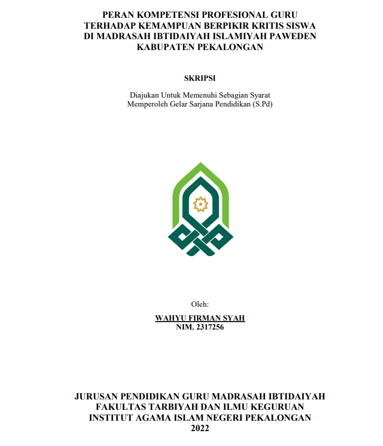 Peran Kompetensi Profesional Guru terhadap Kemampuan Berpikir Kritis Siswa di Madrasah Islamiyah Paweden Kabupaten Pekalongan