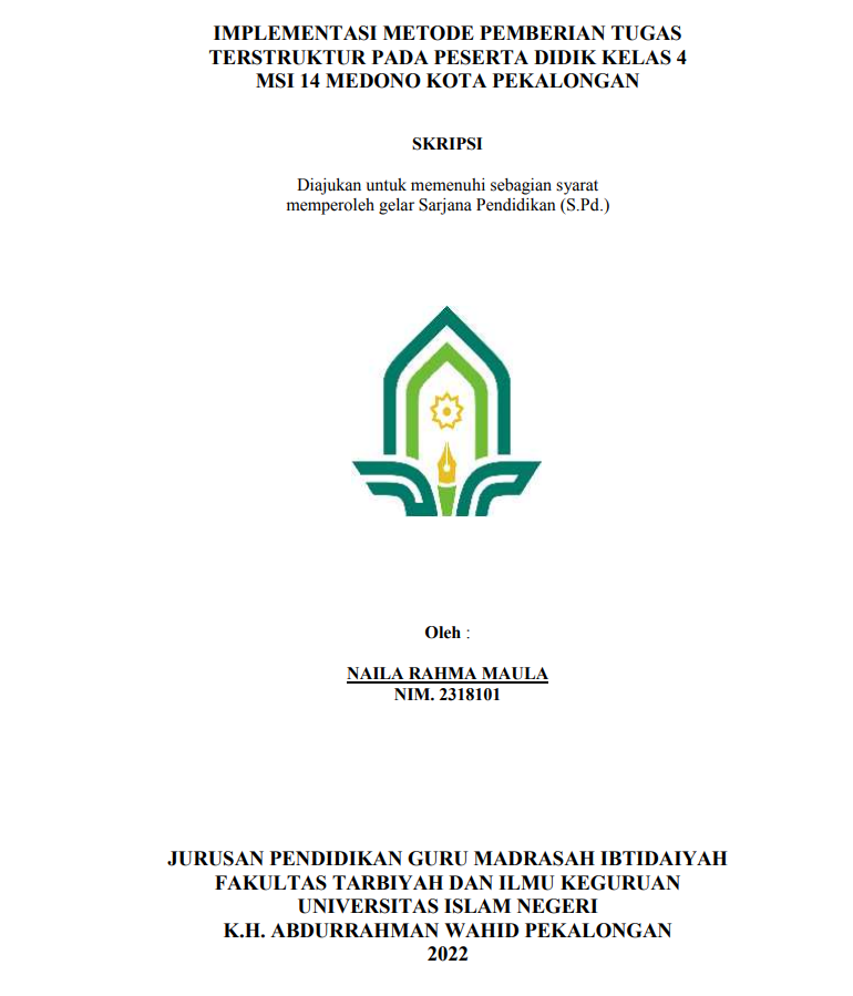 Implementasi Metode Pemberian Tugas Terstruktur Pada Peserta Didik Kelas 4 MSI 14 Medono Kota Pekalongan