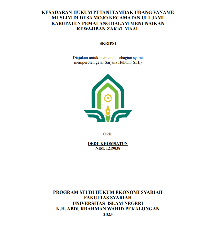 Kesadaran Hukum Petani Tambak Udang Vaname Muslim di Desa Mojo Kecamatan Ulujami Kabupaten Pemalang dalam Menunaikan Kewajiban Zakat Maal