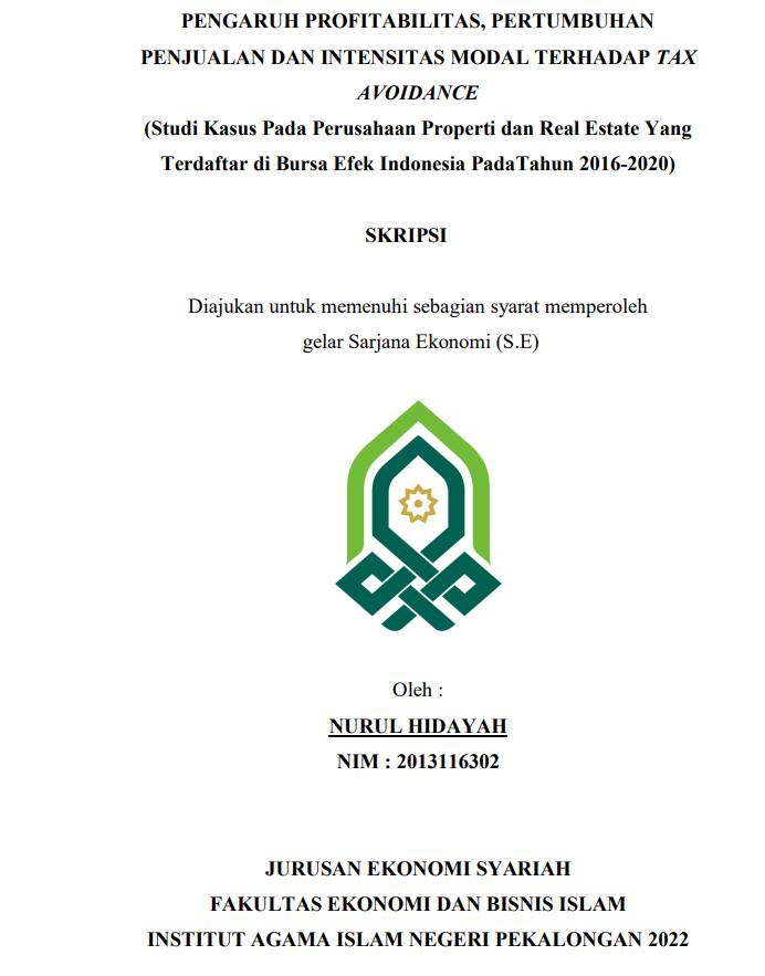 Pengaruh Profitabilitas, Pertumbuhan Penjualan Dan Intensitas Modal Terhadap Tax Avoidance (Studi Kasus Pada Perusahaan Properti dan Real Estate Yang Terdaftar di Bursa efek Indonesia Pada Tahun 2016-2020)