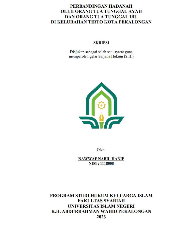 Perbandingan Hadanah oleh Orang Tua Tunggal Ayah dan Orang Tua Tunggal Ibu di Kelurahan Tirto Kota Pekalongan