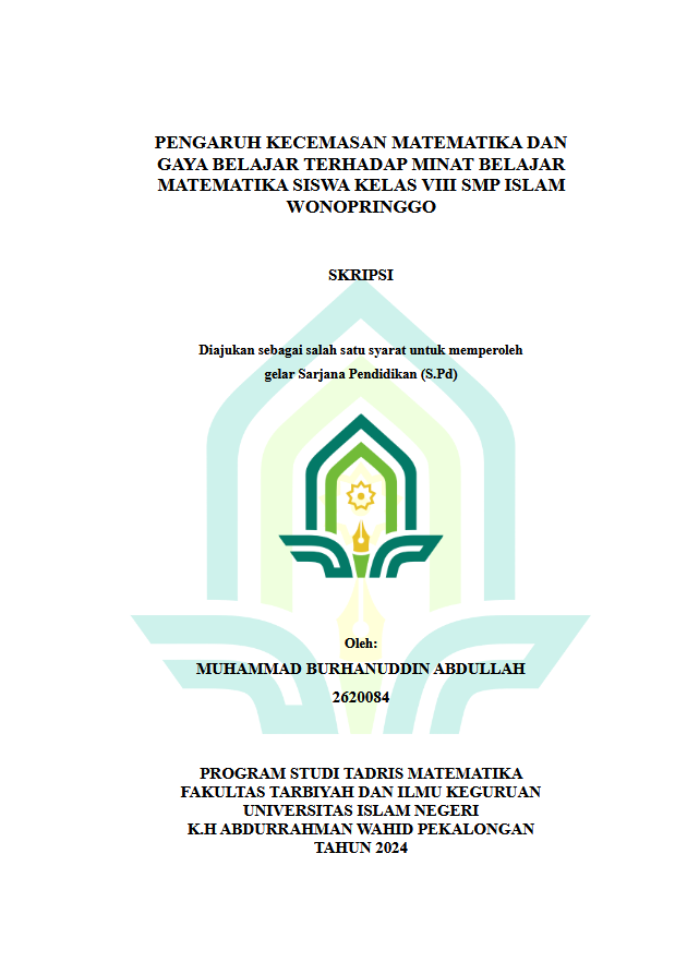 Pengaruh Kecemasan Matematika Dan Gaya Belajar Terhadap Minat Belajar Matematika Siswa Kelas VIII SMP Islam Wonopringgo