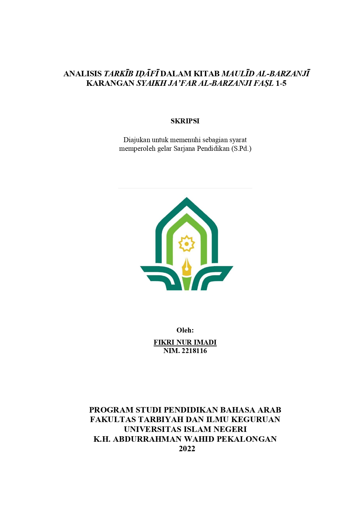 Analisis Tarkib Idafi Dalam Kitab Maulid al-Barzanji Karangan Syaikh Ja'far al-Barzanji Fasl 1-5