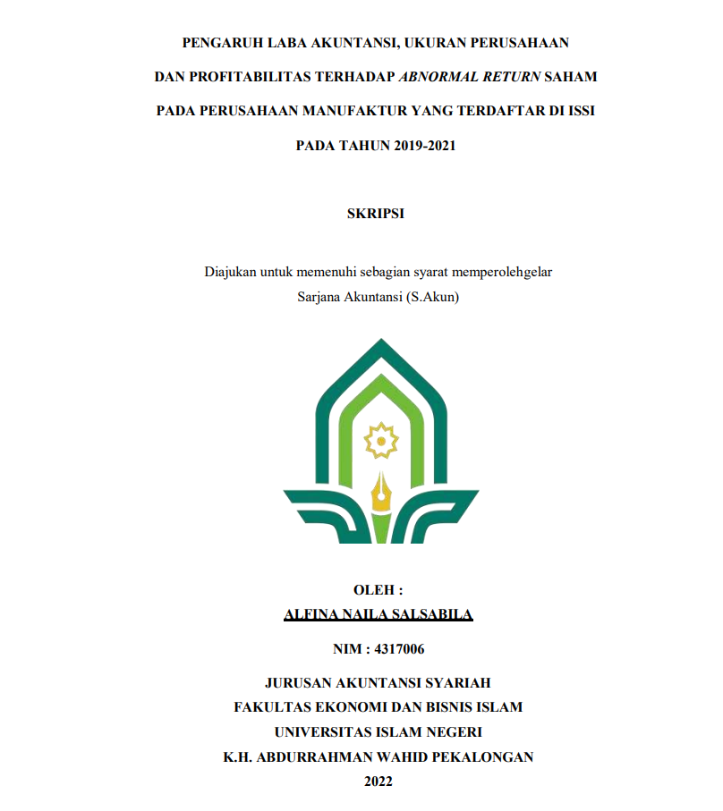 Pengaruh Laba Akuntansi, Ukuran Perusahaan dan Profitabilitas Terhadap Abnormal Return Saham Pada Perusahaan Manufaktur Yang Terdaftar Di ISSI Pada Tahun 2019-2021