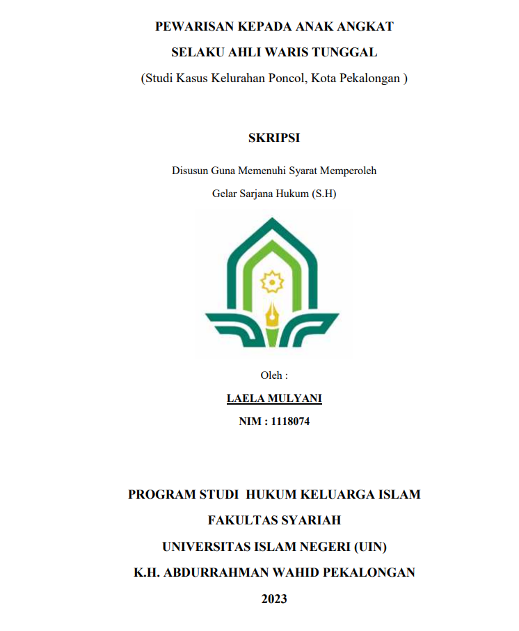 Pewarisan Kepada Anak Angkat Selaku Ahli Waris Tunggal (Studi Kasus Kelurahan Poncol Kota Pekalongan)