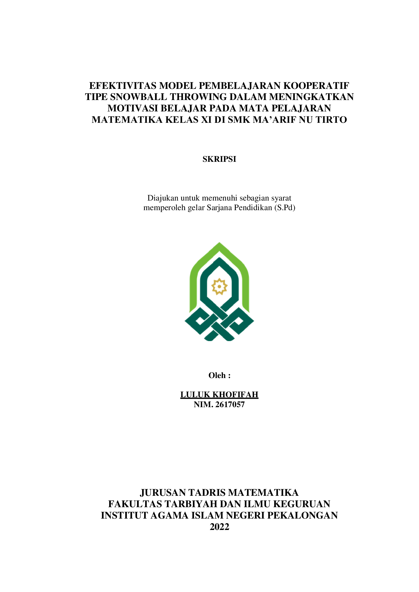 Pengaruh Think Pair Share Terhadap Kemampuan Pemahaman Konsep Matematika Pada Pokok Bahasan Barisan Aritmetika di Kelas XI MA SS Hadirul Ulum Tasikrejo