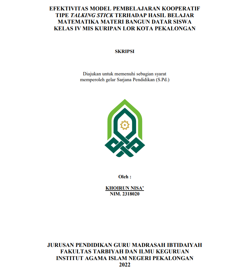 Efektivitas Model Pembelajaran Kooperatif Tipe Talking Stik Terhadap Hasil Belajar Matematika Materi Bangun Datar Siswa Kelas IV MIS Kuripan Lor Kota Pekalongan