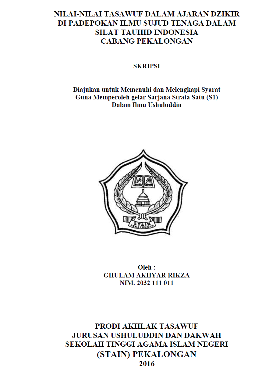 Nilai-Nilai Tasawuf Dalam Ajaran Dzikir Di Padepokan Ilmu Sujud Tenaga Dalam Silat Tauhid Indonesia Cabang Pekalongan