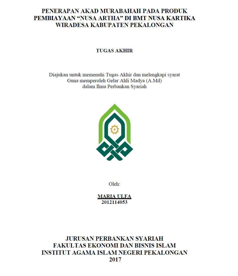 Penerapan Akad Murabahah Pada Produk Pembiayaan Nusa Artha Di BMT Nusa Kartika Wiradesa Kabupaten Pekalongan