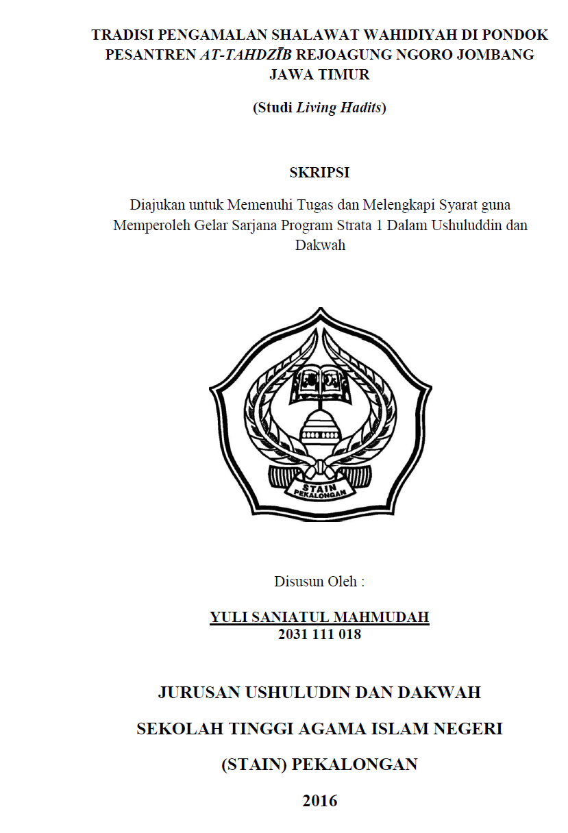 Tradisi Pengamalan Shalawat Wahidiyah Di Pondok Pesantren At-Tahdzib Rejoagung Jombang Jawa Timur