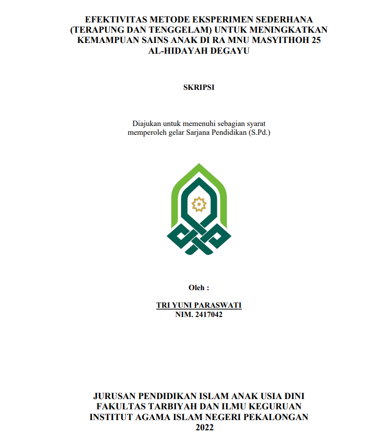 Efektivitas Metode Eksperimen Sederhana (Terapung dan Tenggelam) Untuk Meningkatkan Kemampuan Sains Anak di RA MNU Masyithoh 25 Al-Hidayah Degayu