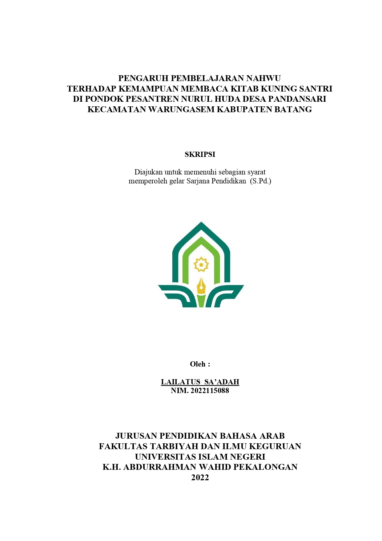 Image of Pengaruh Pembelajaran Nahwu terhadap Kemampuan Membaca Kitab Kuning Santri Di Pondok Pesantren Nurul Huda Desa Pandansari Kecamatan Warungasem Kabupaten Batang