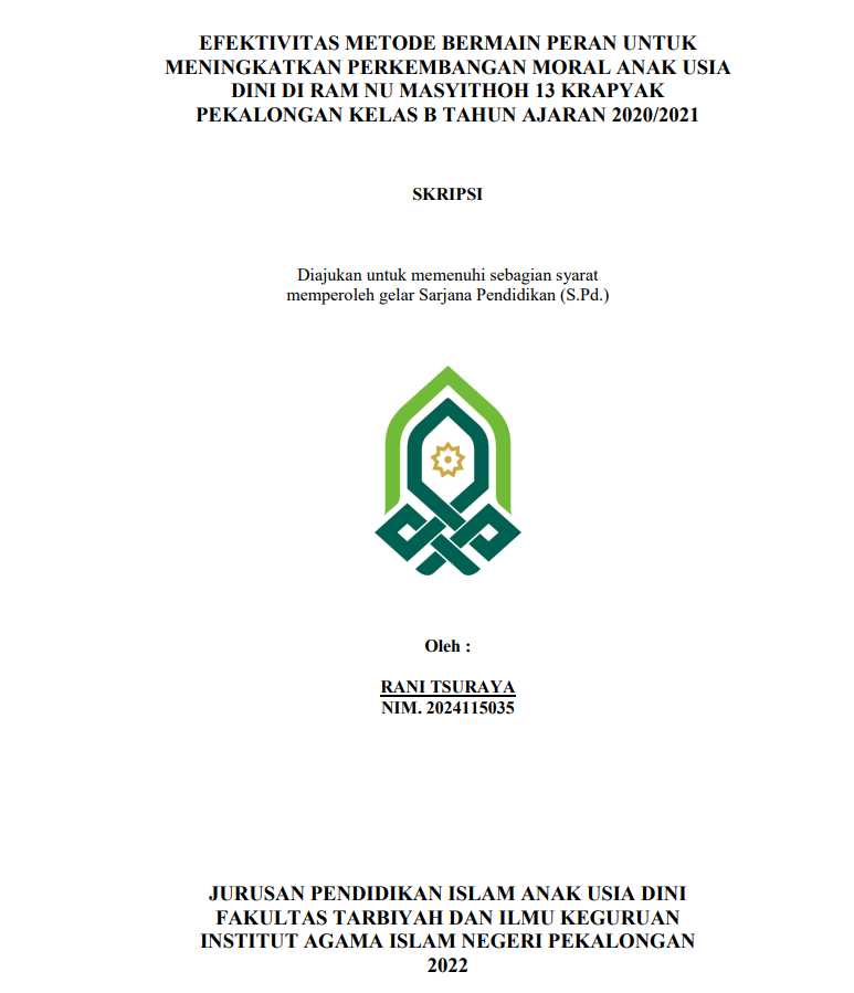 Image of Efetivitas Metode Bermain Peran Untuk Meningkatkan Perkembangan Moral Anak Usia Dini Di RAM NU Masyithoh 13 Krapyak Pekalongan Kelas B Tahun Ajaran 2020/2021