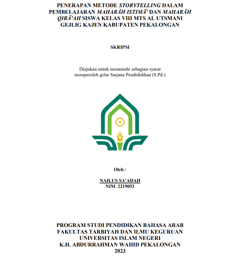 Image of Penerapan Metode Storytelling dalam Pembelajaran Maharah Istima' dan Maharah Qira'ah Siswa Kelas VIII MTS Al Usmani Gejlig Kajen Kabupaten Pekalongan