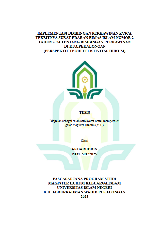 Image of Implementasi Bimbingan Perkawinan Pasca Terbitnya Surat Edaran Bimas Islam Nomor 2  Tahun 2024 Tentang Bimbingan Perkawinan Di KUA Pekalongan (Perspektif Teori Efektivitas Hukum)