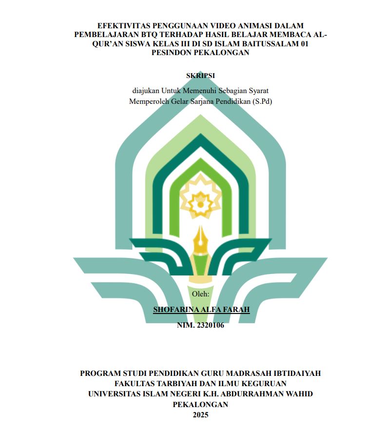 Image of Efektivitas Penggunaan Video Animasi Dalam Pembelajaran BTQ Terhadap Hasil Belajar  Membaca Al- Qur'an Siswa Kelas III Di SD Islam Baitussalam 01 Pesindon Pekalongan