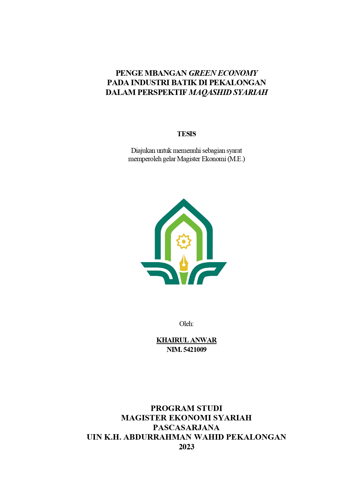 Image of Pengembangan Green Economy Pada Industri Batik di Pekalongan Dalam Perspektif Maqashid Syariah