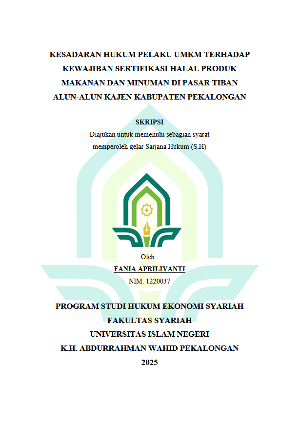 Image of Kesadaran Hukum Pelaku UMKM Terhadap Kewajiban Sertifikasi Halal Produk Makanan Dan Minuman Di Pasar Tiban Alun-Alun Kajen Kabupaten Pekalongan
