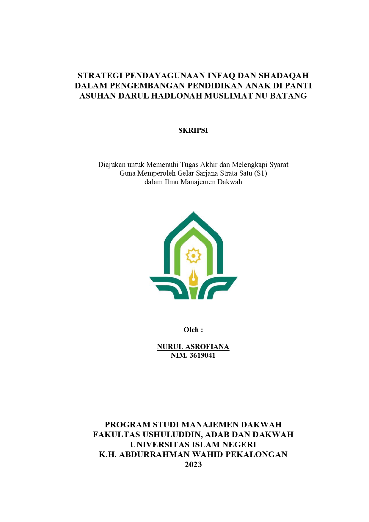 Image of Strategi Pendayagunaan Infaq Dan Shadaqah Dalam Pengembangan Pendidikan Anak Di Panti Asuhan Darul Hadlonah Muslimat NU Batang