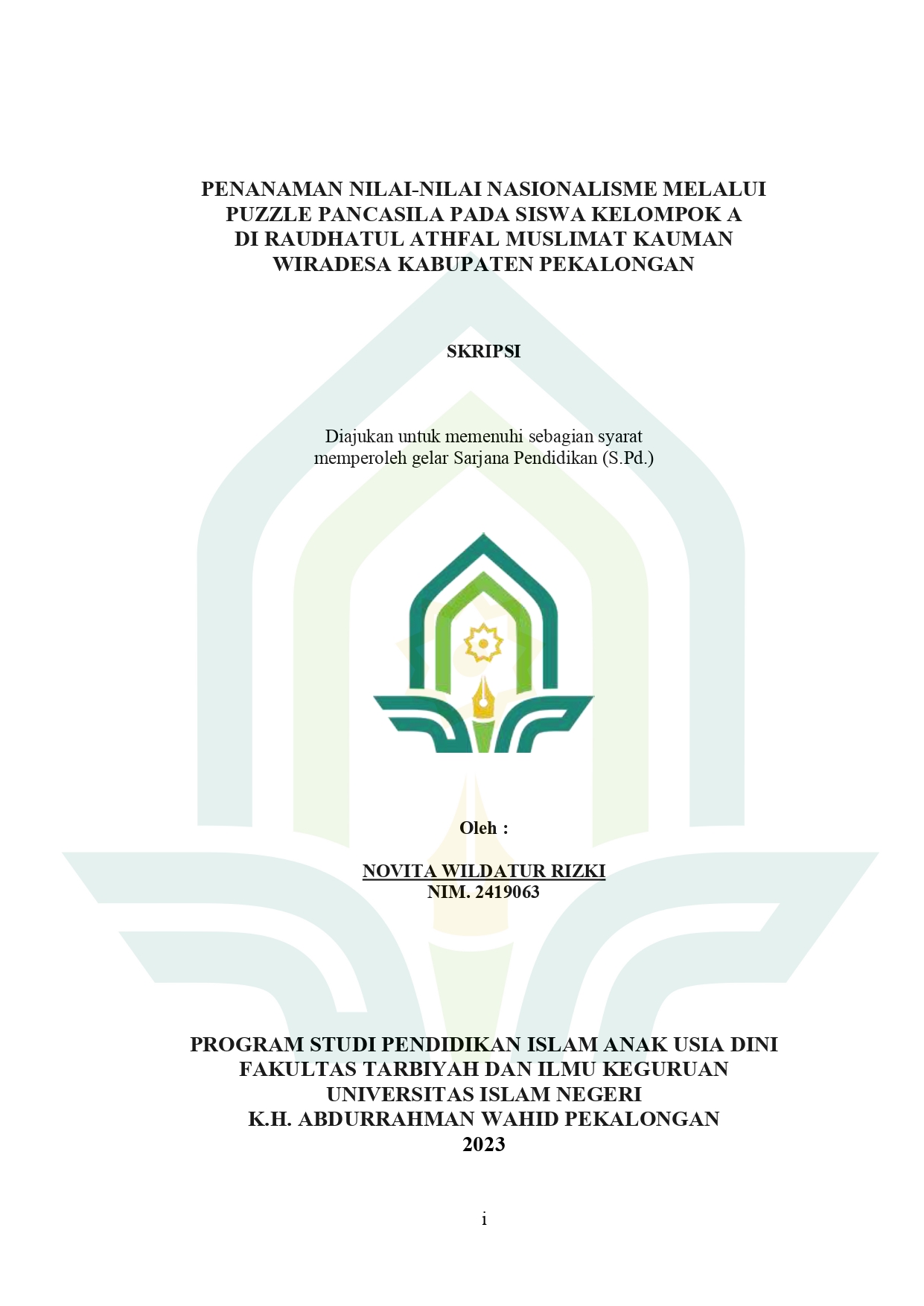Image of Penanaman nilai-nilai nasionalisme melalui puzzle Pancasila pada siswa kelompok A di Raudhatul Athfal Muslimat Kauman Wiradesa Kabupaten Pekalongan