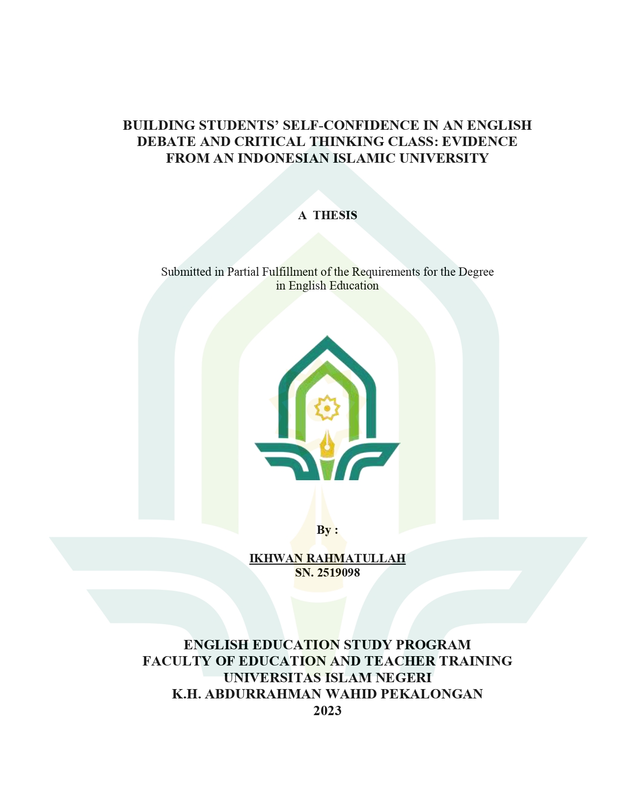 Image of Building Students' Self-Confidence In An English Debate And Critical Thinking Class: Evidence From An Indonesian Islamic University