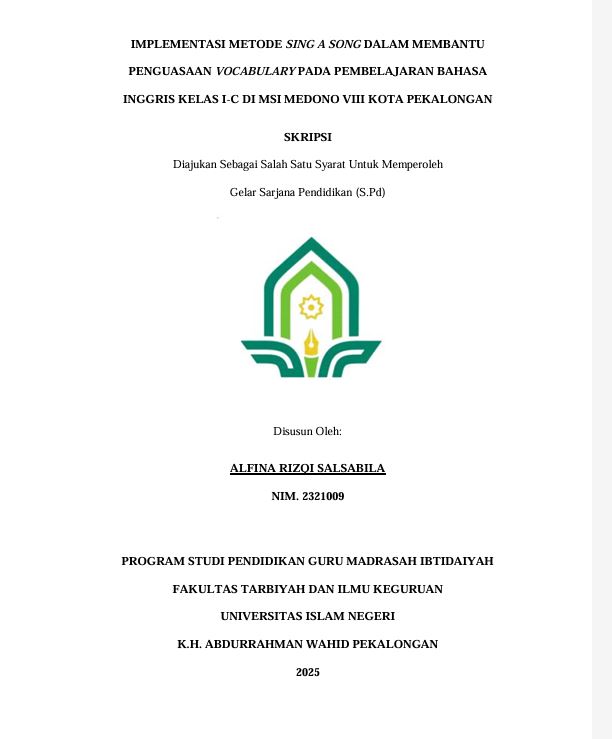 Image of Implementasi Metode Sing A Song Dalam Membantu Penguasaan Vocabulary Pada Pembelajaran Bahasa Inggris Kelas I-C di MSI Medono VIII Kota Pekalongan