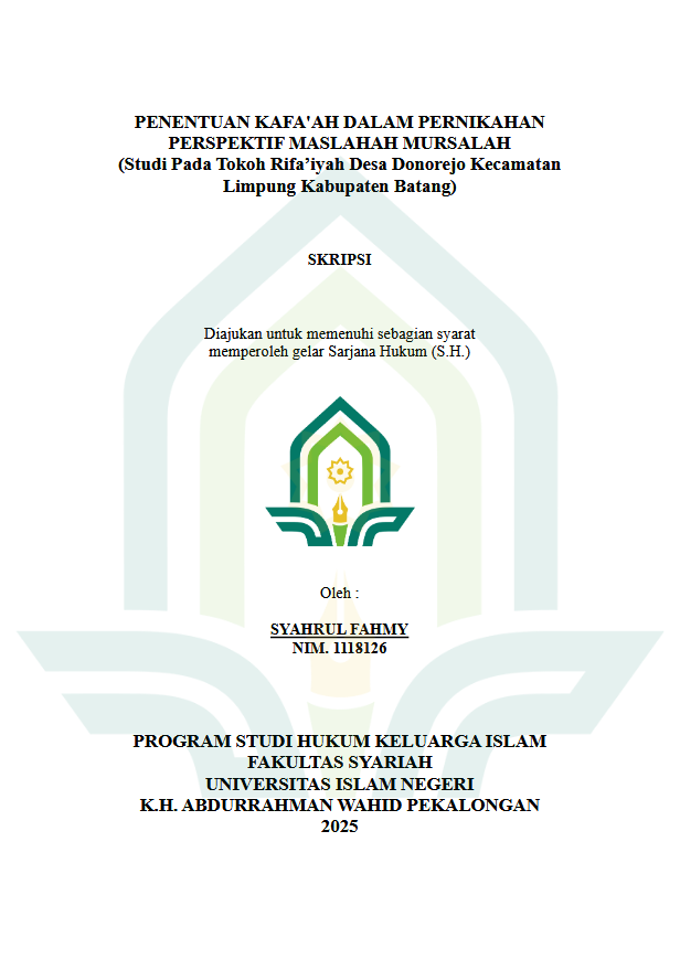 Image of Penentuan Kafa'ah Dalam Pernikahan Perspektif Maslahah Mursalah (Studi Pada Tokoh Rifa'iyah Desa Donorejo Kecamatan Limpung Kabupaten Batang)