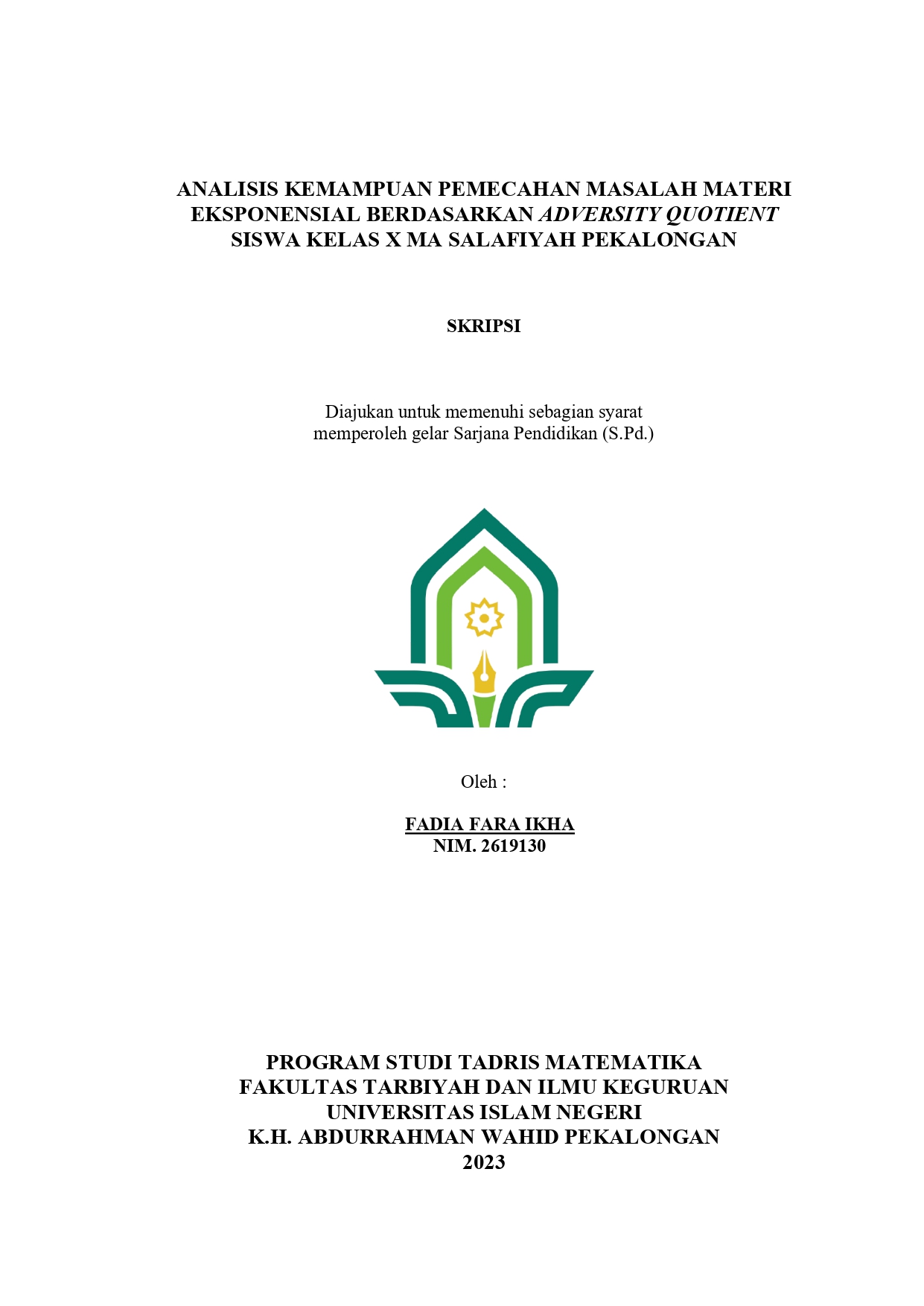 Image of Analisis Kemampuan Pemecahan Masalah  Materi Eksponensial Berdasarkan Adversity Quotient Siswa Kelas X MA Salafiyah Pekalongan