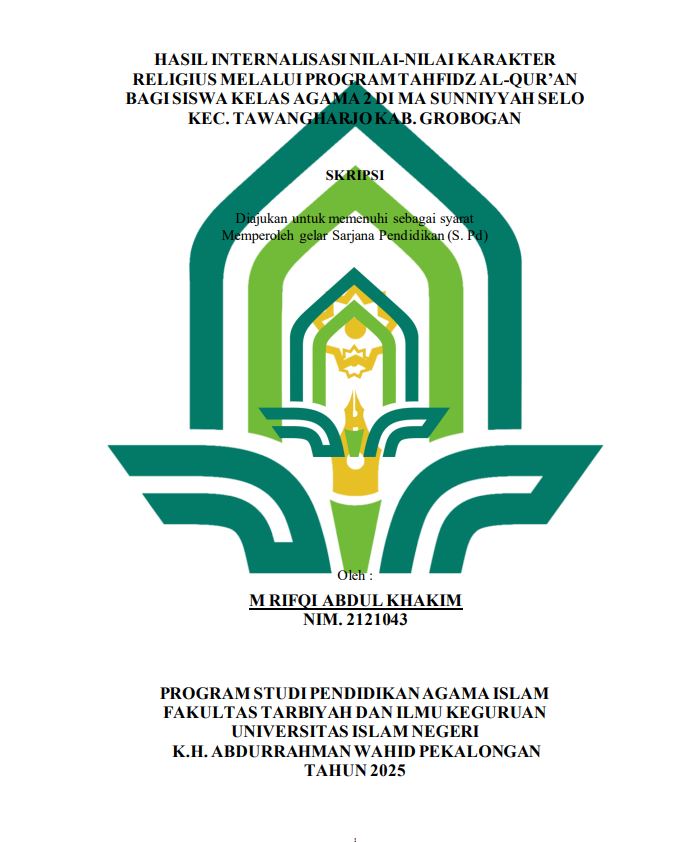 Image of Hasil Internalisasi Nilai-Nilai Karakter Religius Melalui Program Tahfidz Al-Qur'an Bagi Siswa Kelas Agama 2 di MA Sunniyyah Selo Kec. Tawangharjo Kab. Grobogan