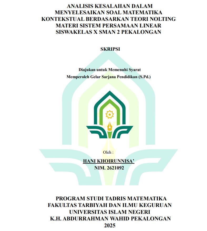Image of Analisis Kesalahan Dalam Menyelesaikan Soal Matematika Kontekstual Berdasarkan Teori Nolting Materi Sistem Persamaan Linear Siswa Kelas X SMAN 2 Pekalongan