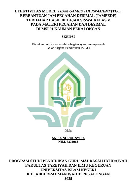 Image of Efektivitas Model Team Games Tournament (TGT) Berbantu Jam Pecahan Desimal (Jampede) Terhadap Hasil Belajar Siswa Kelas V Pada Materi Pecahan dan Desimal di MSI 01 Kauman Pekalongan