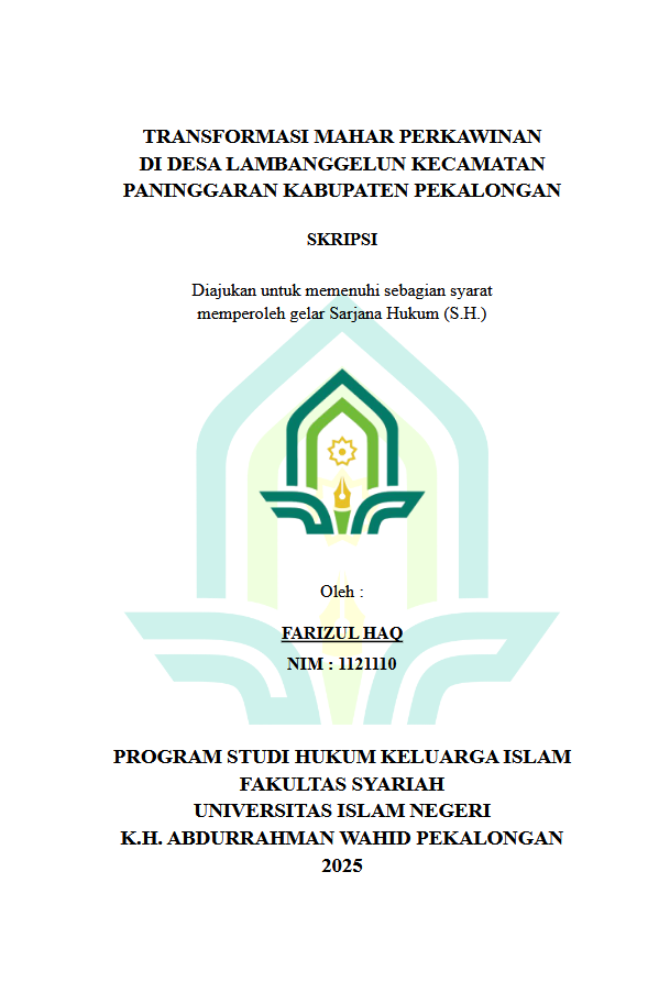Image of ﻿Transformasi Mahar Perkawinan Di Desa Lambanggelun Kecamatan Paninggaran Kabupaten Pekalongan
