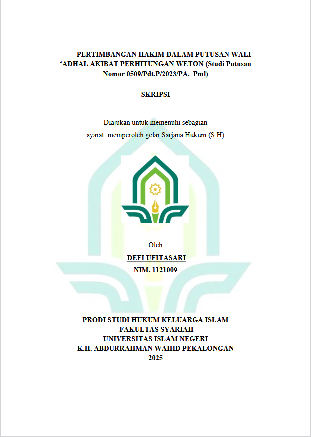 Image of Pertimbangan Hakim Dalam Putusan Wali 'Adhal Akibat Perhitungan Weton (Studi Putusan Nomor 0509/Pdt.P/2023/PA.Pml)