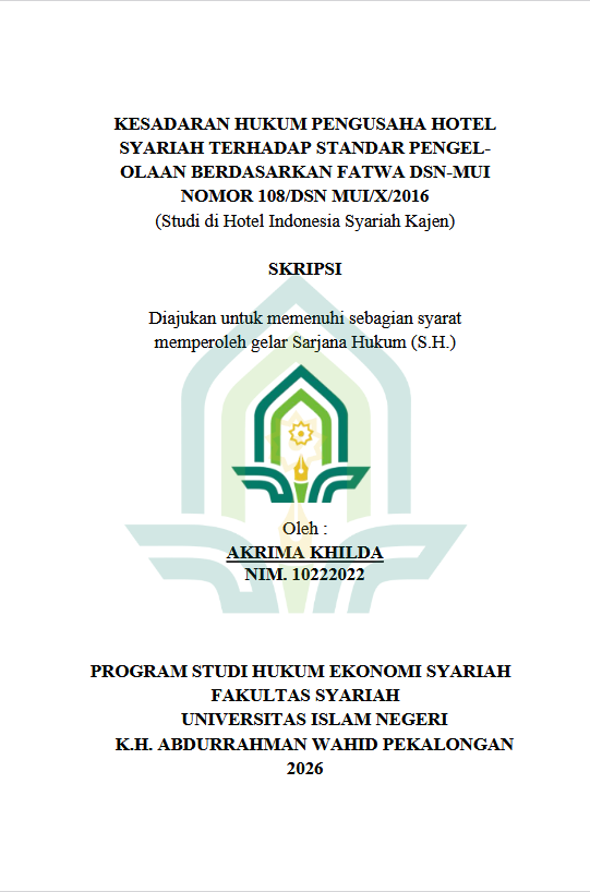 Image of Kesadaran Hukum Pengusaha Hotel Syariah Terhadap Standar Pengelolaan Berdasarkan Satwa DSN-MUI Nomor 108/DSN MUI/ X/2016 (Studi di Hotel Indonesia Syariah Kajen)