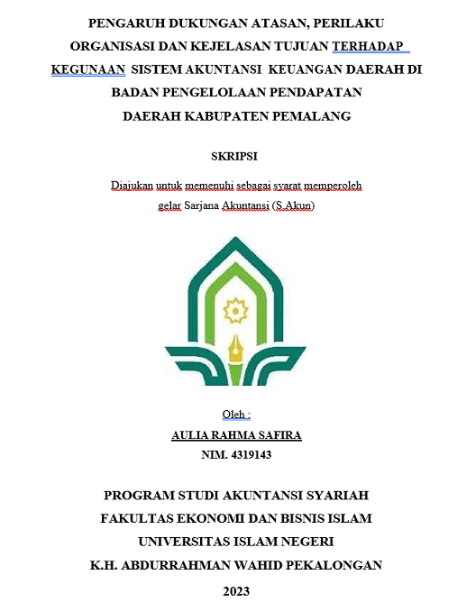 Image of Pengaruh Dukungan Atasan, Perilaku Organisasi Dan Kejelasan Tujuan Terhadap Kegunaan Sistem Akuntansi Keuangan Daerah Di Badan Pengelolaaan Pendapatan Daerah Kabupaten Pemalang