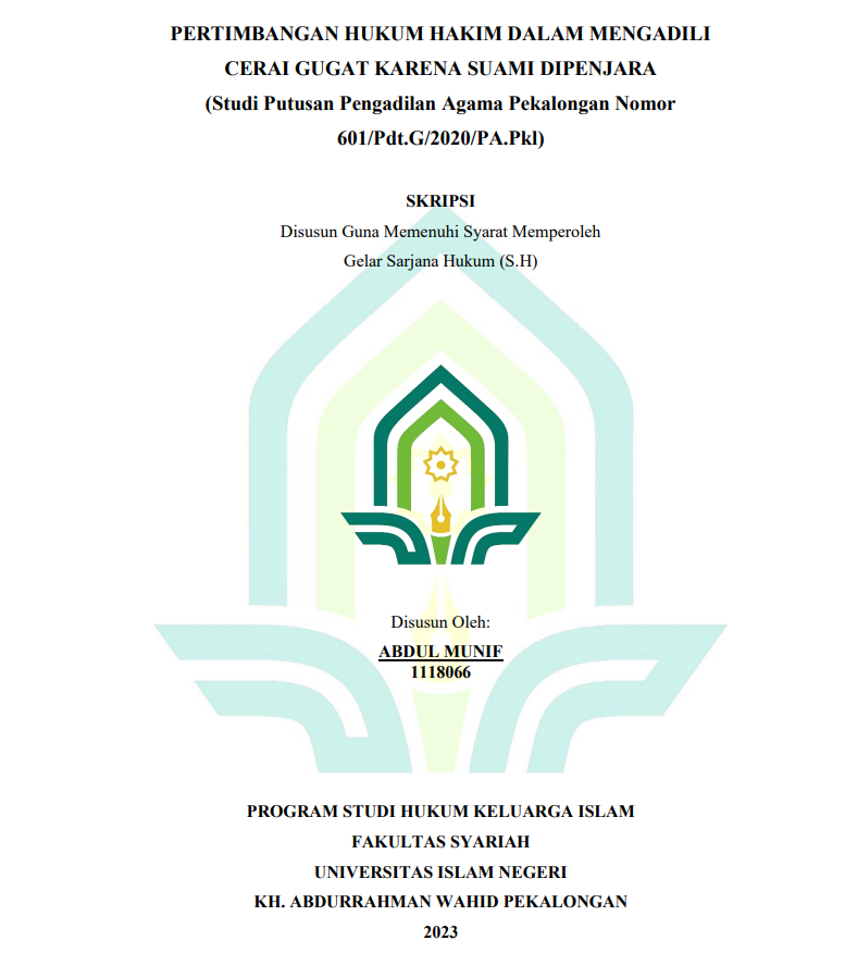 Image of Pertimbangan Hukum Hakim dalam Pengadili Cerai Gugat Karena Suami Dipenjara (Studi Putusan Pengadilan Agama Pekalongan Nomor 601?Pdt.G/2020/PA.Pkl)