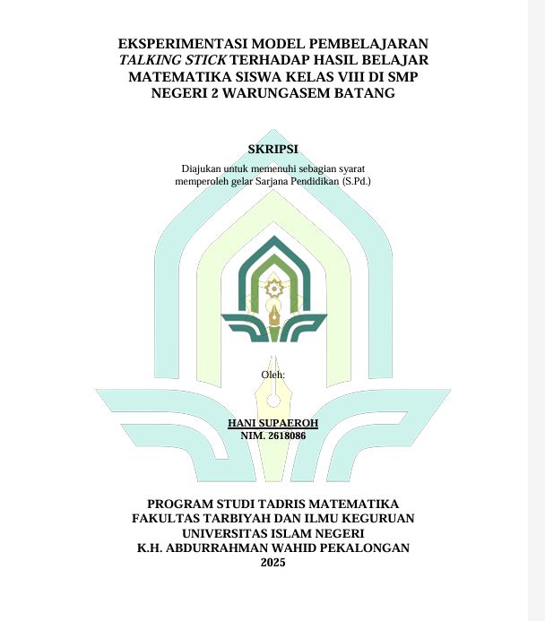 Image of Eksperimentasi Model Pembelajaran Talking Stick Terhadap Hasil Belajar Matematika Siswa Kelas VIII di SMP Negeri 2 Warungasem Batang