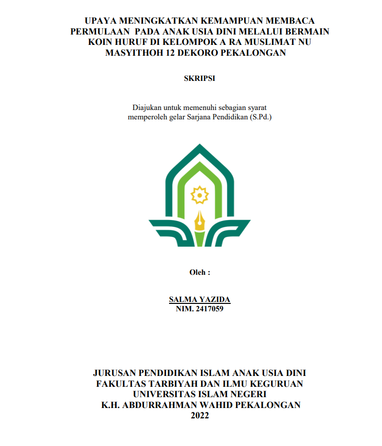 Image of Upaya Meningkatkan Kemampuan Membaca Permulaan Pada Anak Usia Dini Melalui Bermain Koin Huruf Di Kelompok A RA Muslimat NU Masyithoh 12 Dekoro Pekalongan