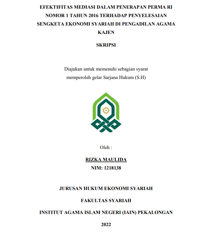 Image of Efektifitas  Mediasi dalam Penerapan Perma RI Nomor 1 Tahun 2016nTerhadap Penyelesaian Sengketa Ekonomi Syariah di Pengadilan Agama Kajen