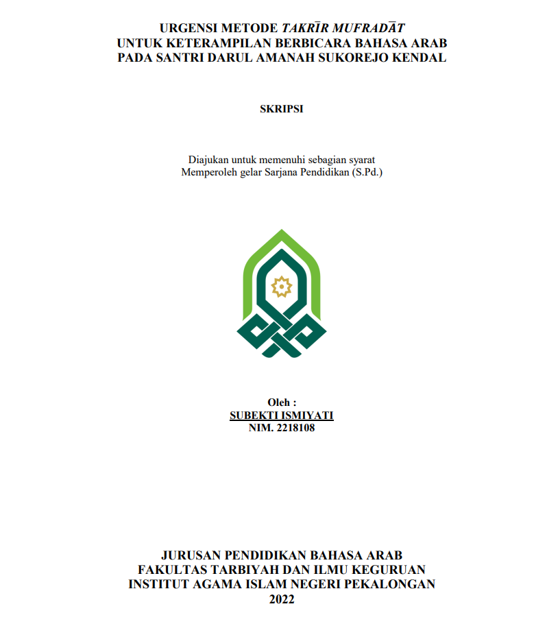 Image of Urgensi Metode Takrir Mufradat untuk Keterampilan Berbicara Bahasa Arab pada Santri Darul Amanah Sukorejo Kendal
