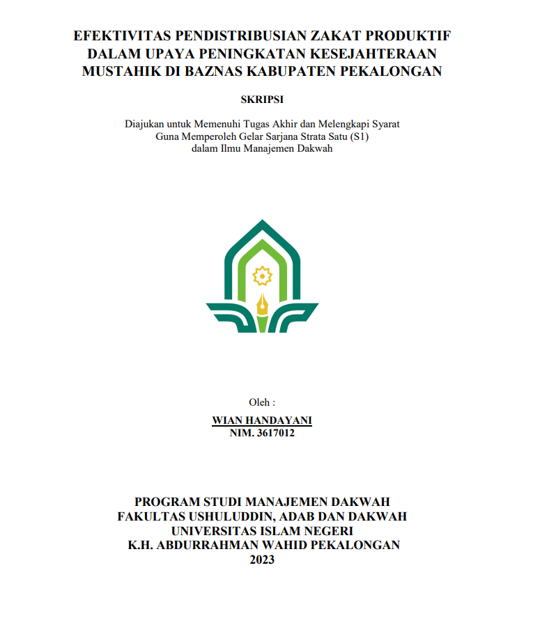 Image of Efektivitas Pendistribusian Zakat Produktif dalam Upaya Peningkatan Kesejahteraan Mustahik di Baznas Kabupaten Pekalongan