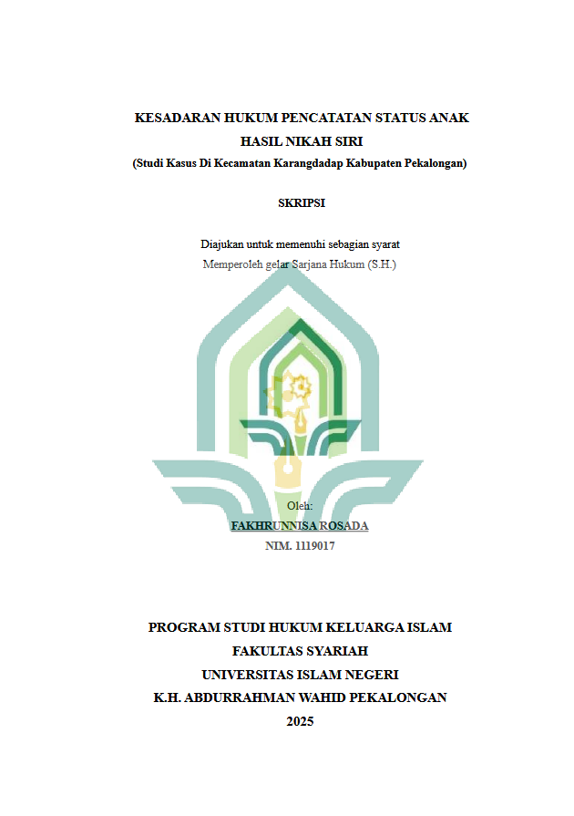 Image of Kesadaran Hukum Pencatatan Status Anak Hasil Nikah Siri (Studi Kasus Di Kecamatan Karangdadap Kabupaten Pekalongan)