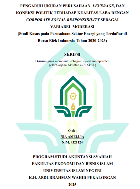 Image of Pengaruh Ukuran Perusahaan, Leverage, dan Koneksi Politik Terhadap Kualitas Laba Dengan Corporate Social Responsibility Sebagai Variabel Moderasi (Studi Kasus Pada Perusahaan Sektor Energi yang Terdaftar di Bursa Efek Indonesia Tahun 2020-2023)
