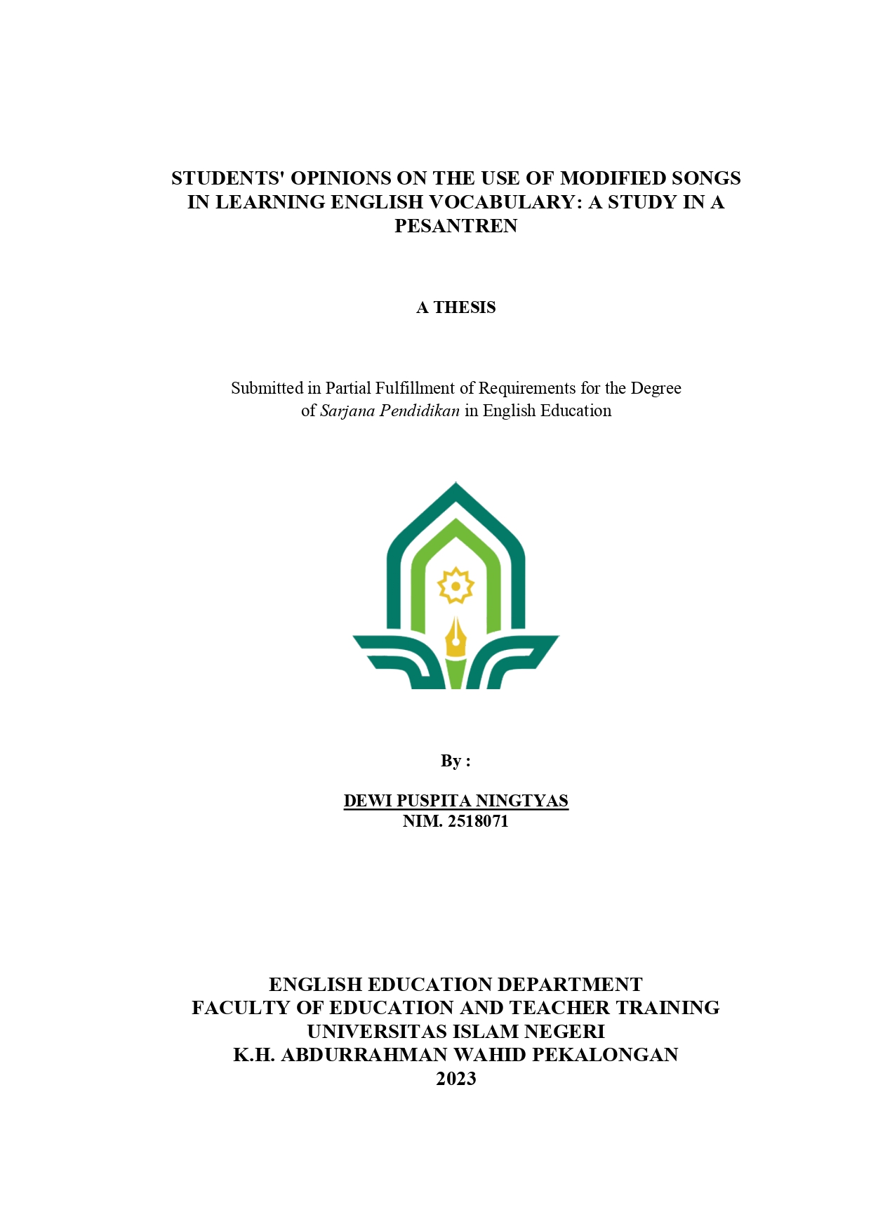 Image of Students' Opinions On The Use Of Modified Songs In Learning English Vocabulary: A Study In A Pesantren