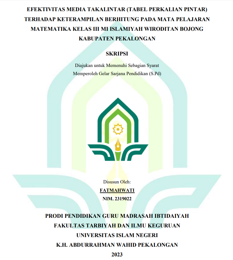 Image of Efektivitas Media Takalintar (Tabel Perkalian Pintar) Terhadap Keteranpilan Berhitung Pada Mata Pelajaran Matematika Kelas III MI Islamiyah Wiroditan Bojong Kabupaten Pekalongan
