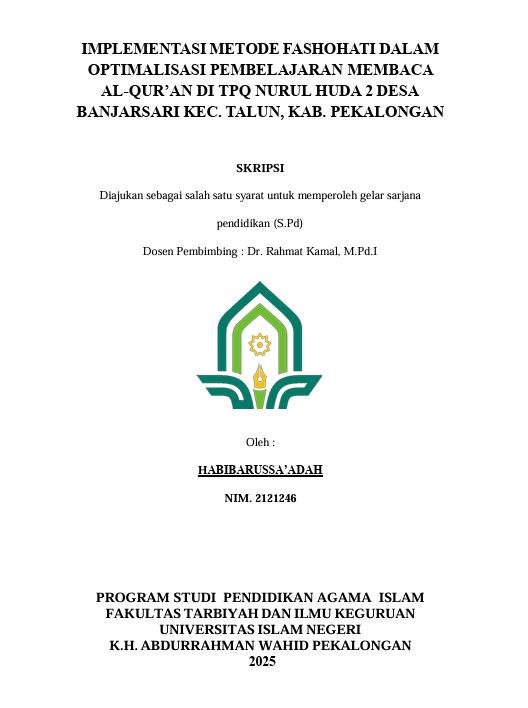 Image of Implementasi Metode Fashohati Dalam Optimalisasi Pembelajaran Membaca Al-Qur'an Di TPQ Nurul Huda 2 Desa Banjarsarib Kec. Talun, Kab. Pekalongan