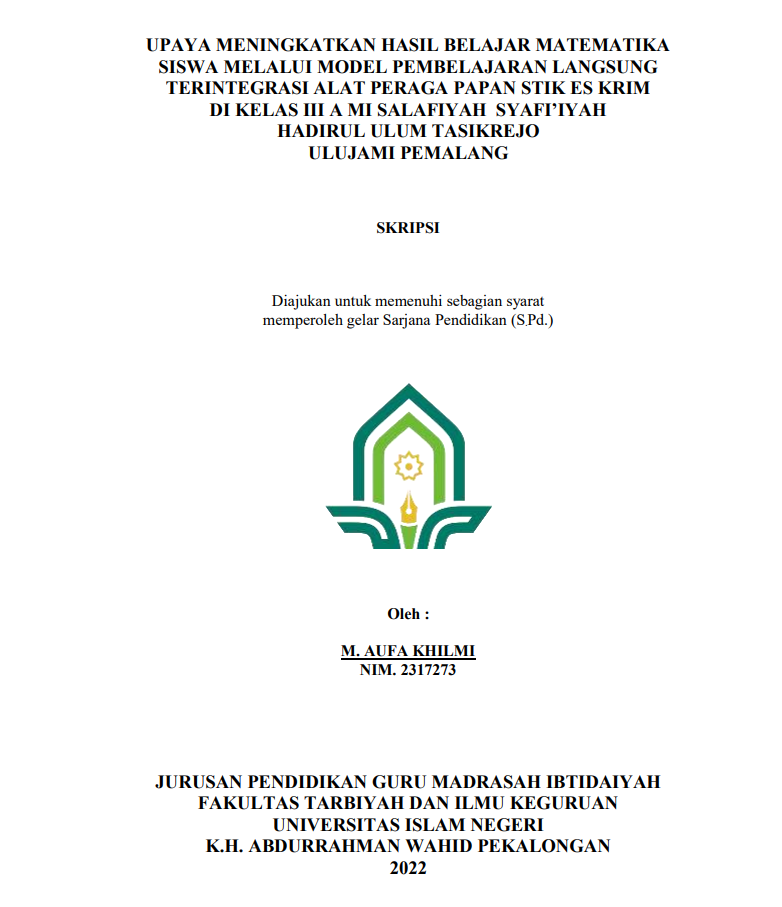Image of Upaya Meningkatkan Hasil Belajar Matematika Siswa Melalui Model Pembelajaran Langsung Terintegrasi Alat Peraga Papan STIK Es Krim di Kelas IIIA MI Salafiyah Syafi'iyah Hadirul Ulum Tasikrejo Ulujami Pemalang